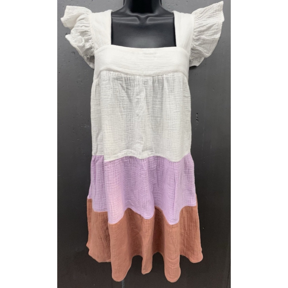 Cotton Sun Dress M White Lavender Tiered Flutter Sleeve Cottage Boho Beachy